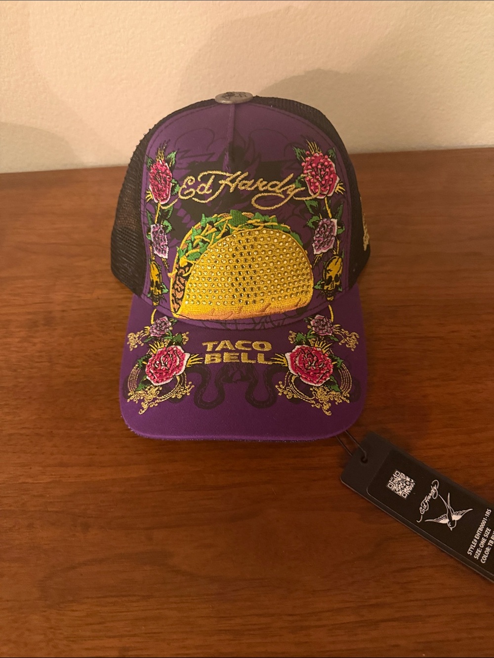 Ed Hardy Purple and Gold Embellished Trucker Hat